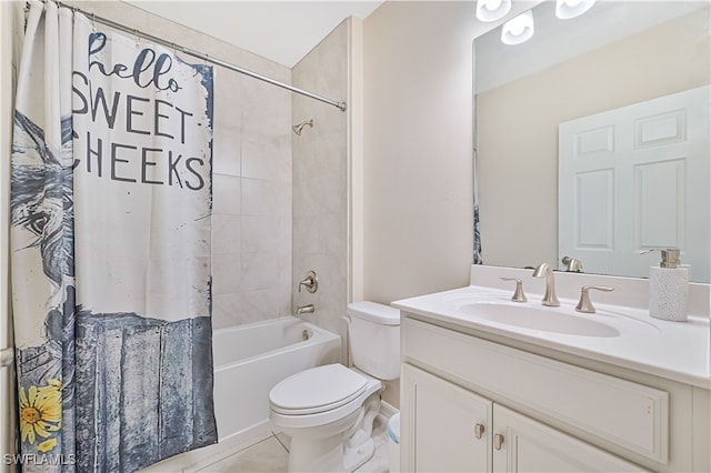 full bathroom with vanity, toilet, tile patterned floors, and shower / bath combo with shower curtain