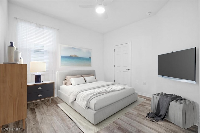 bedroom with ceiling fan and light hardwood / wood-style floors