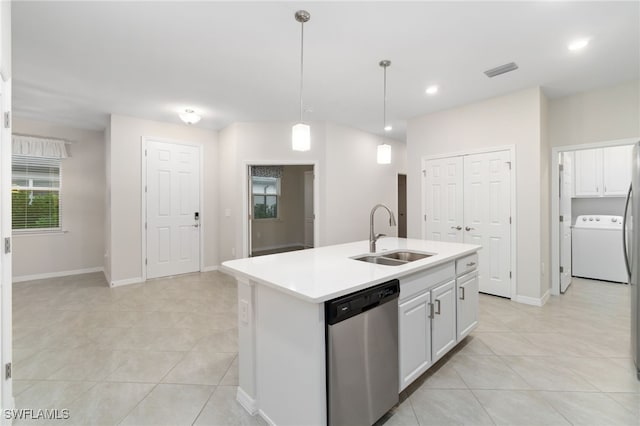 kitchen with stainless steel dishwasher, an island with sink, sink, and white cabinets