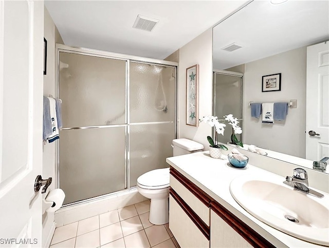 bathroom with toilet, a stall shower, tile patterned flooring, and visible vents