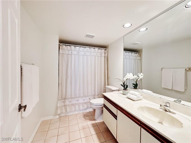 bathroom with toilet, a shower with shower curtain, vanity, visible vents, and tile patterned floors