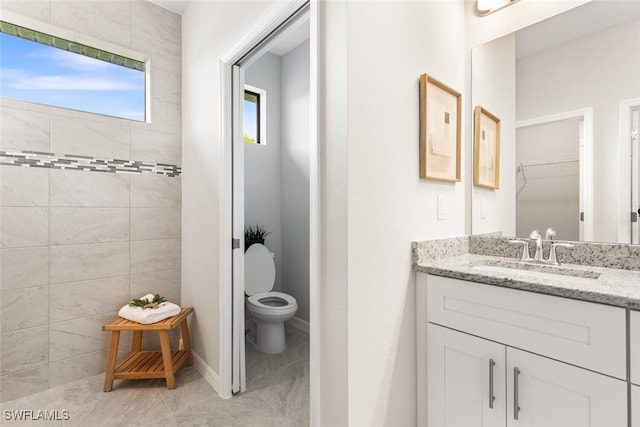 bathroom featuring a shower, toilet, and vanity