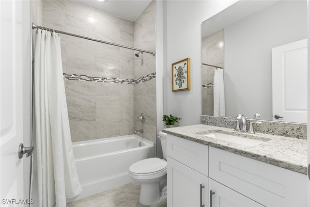 full bathroom featuring vanity, toilet, tile patterned floors, and shower / bath combo with shower curtain