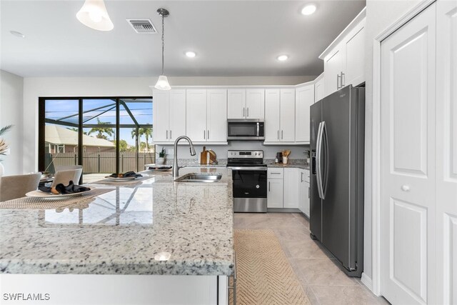 kitchen with pendant lighting, sink, appliances with stainless steel finishes, and white cabinets