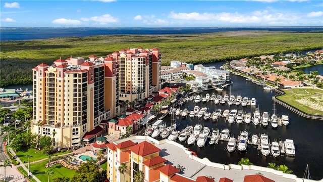 drone / aerial view with a water view