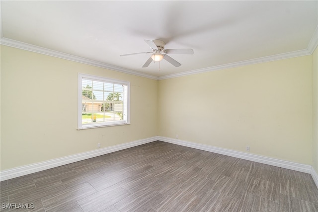 unfurnished room featuring ceiling fan, dark hardwood / wood-style floors, and crown molding