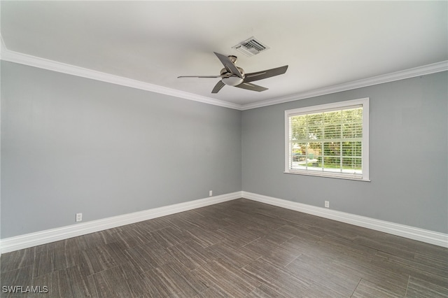 spare room with dark wood-type flooring, ceiling fan, and ornamental molding