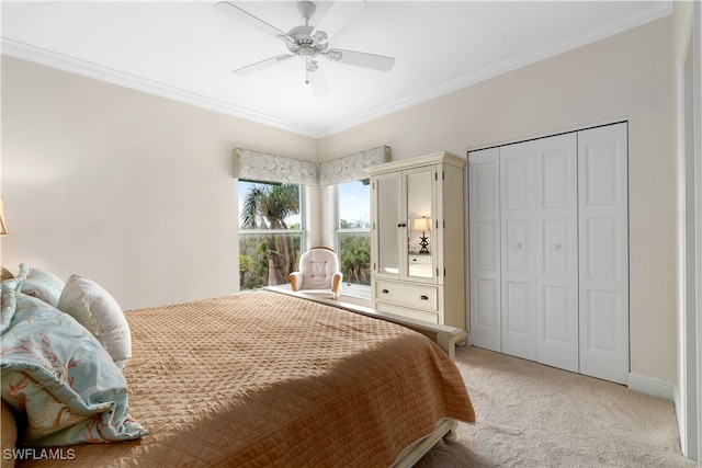 carpeted bedroom with ceiling fan, a closet, and crown molding