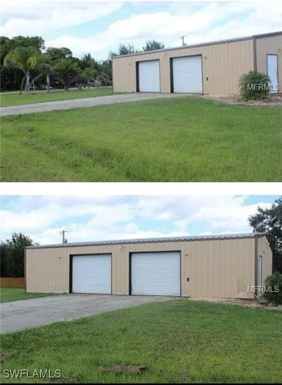 garage featuring a lawn