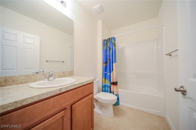 full bathroom with shower / tub combo with curtain, vanity, toilet, and tile patterned floors