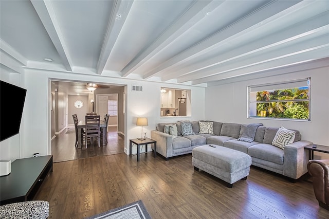 living room with dark hardwood / wood-style floors and beamed ceiling