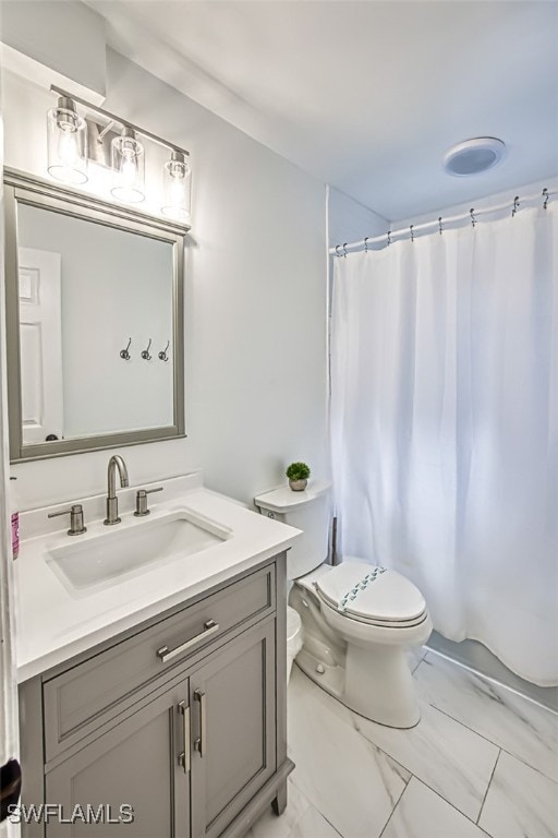 bathroom featuring vanity, toilet, and a shower with curtain