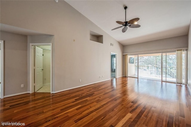 interior space featuring ceiling fan, dark hardwood / wood-style floors, and high vaulted ceiling