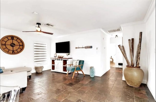1797 42nd Ter SW, Naples, FL 34116 - living area with stone tile flooring, ceiling fan, baseboards, and ornamental molding