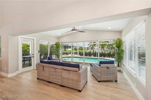 8339 Estero Blvd, Fort Myers Beach, FL 33931 - living room with baseboards, light wood finished floors, recessed lighting, ceiling fan, and vaulted ceiling