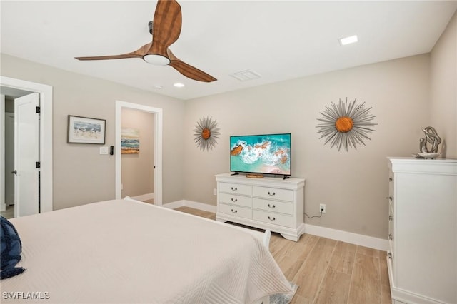 8339 Estero Blvd, Fort Myers Beach, FL 33931 - bedroom with visible vents, baseboards, recessed lighting, light wood-style floors, and a ceiling fan