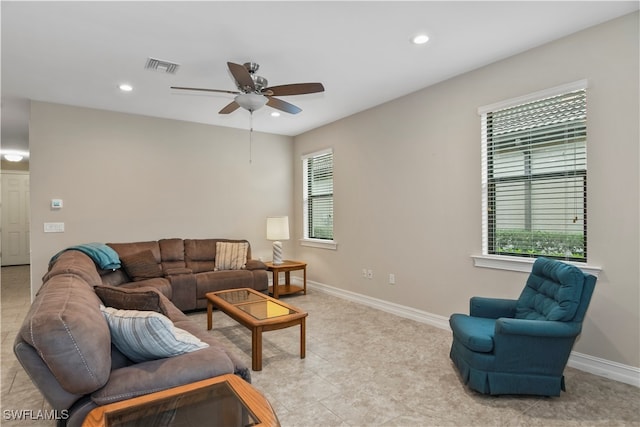 living room with ceiling fan