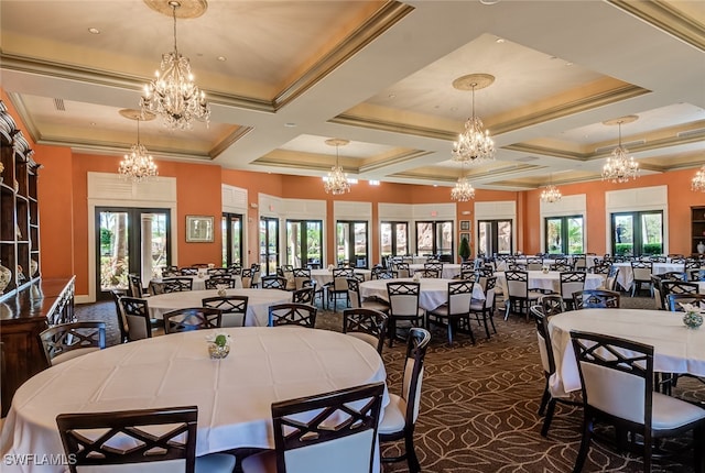 dining space with beamed ceiling, ornamental molding, french doors, a chandelier, and coffered ceiling