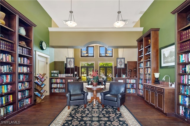 sitting room featuring a towering ceiling and dark hardwood / wood-style floors