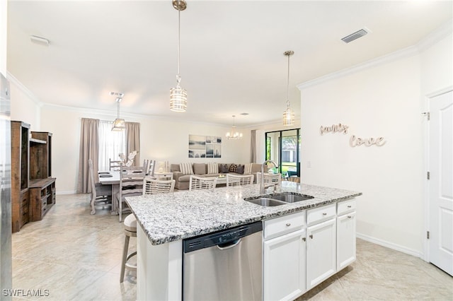 kitchen with visible vents, open floor plan, white cabinets, a sink, and dishwasher