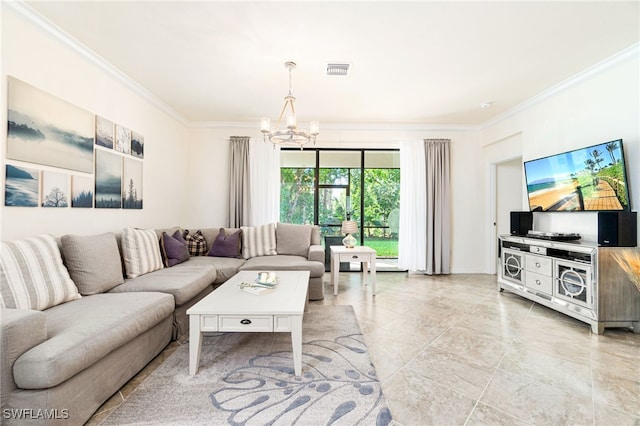 living area with visible vents, crown molding, and an inviting chandelier