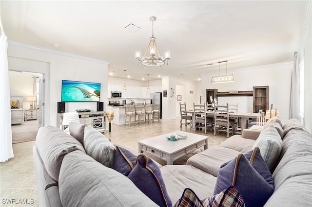 living room featuring recessed lighting, visible vents, an inviting chandelier, ornamental molding, and light tile patterned flooring