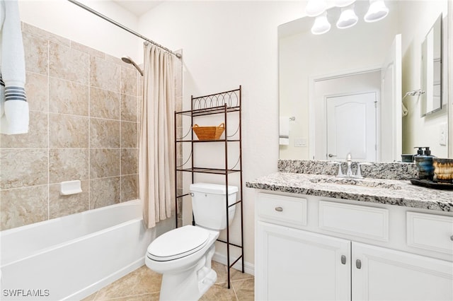 bathroom featuring toilet, tile patterned floors, vanity, and shower / bathtub combination with curtain