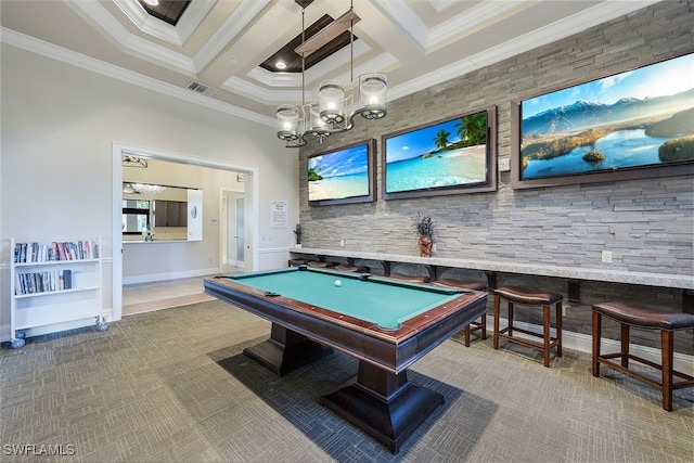 playroom featuring billiards, visible vents, coffered ceiling, ornamental molding, and beamed ceiling