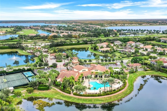 aerial view with a water view and a residential view