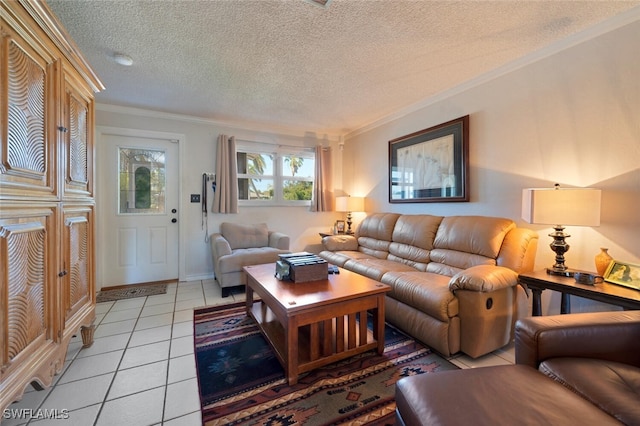 living room featuring crown molding, a textured ceiling, and light tile patterned floors