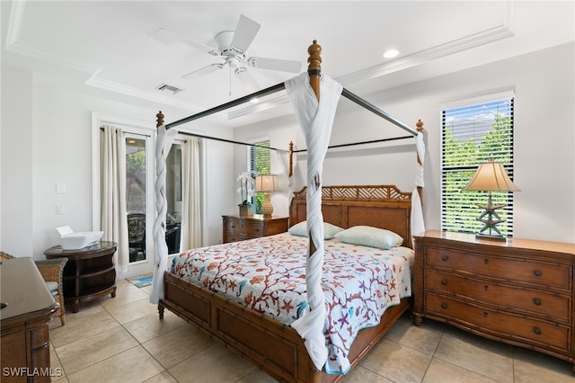 tiled bedroom featuring ornamental molding, access to exterior, and ceiling fan