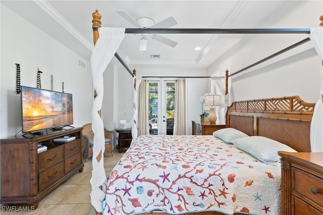 bedroom featuring crown molding, access to outside, light tile patterned floors, and ceiling fan