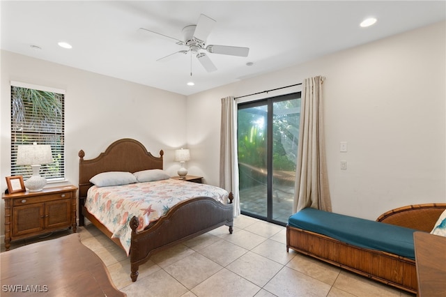 tiled bedroom with ceiling fan and access to outside