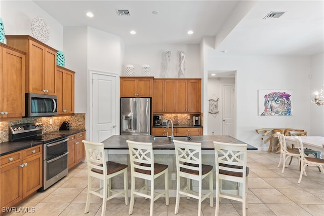 kitchen with stainless steel appliances, decorative backsplash, a kitchen island with sink, and sink