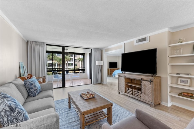 living room featuring light hardwood / wood-style flooring and a textured ceiling