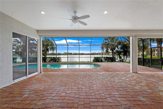 view of swimming pool with ceiling fan