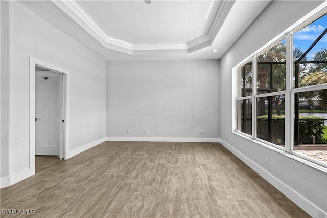 spare room with ornamental molding, plenty of natural light, wood-type flooring, and a tray ceiling