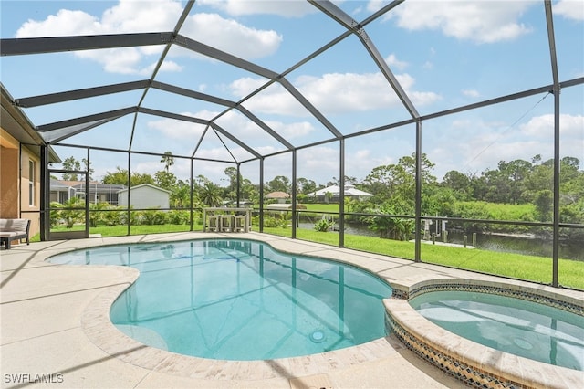 view of pool with a lawn, a water view, a lanai, an in ground hot tub, and a patio