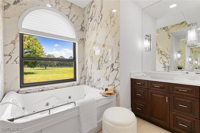 bathroom with a tub to relax in, plenty of natural light, vanity, and toilet