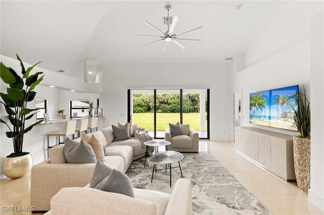 living room with light tile patterned flooring