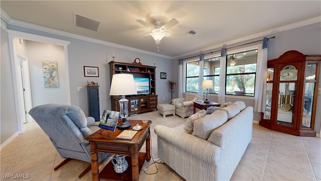 living room featuring ornamental molding, light tile patterned floors, and ceiling fan