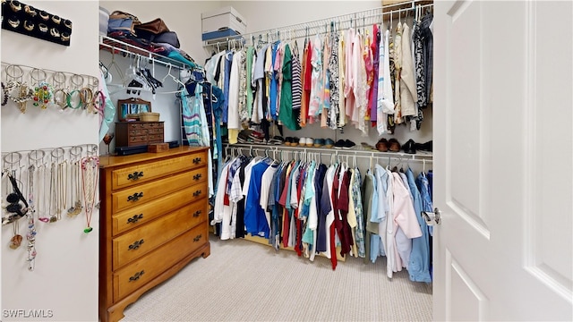 walk in closet with light carpet