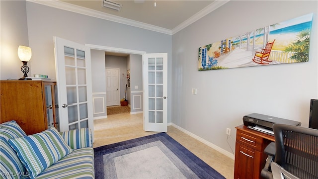 office space with visible vents, baseboards, ornamental molding, french doors, and tile patterned floors