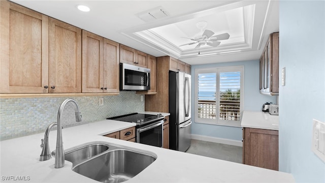 kitchen featuring a raised ceiling, appliances with stainless steel finishes, sink, and tasteful backsplash