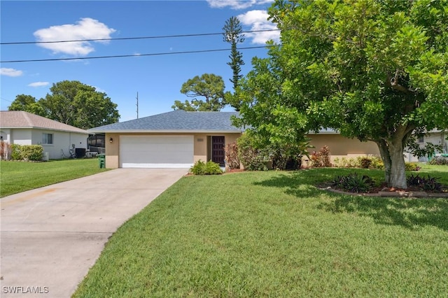 ranch-style house with a garage, stucco siding, driveway, and a front yard