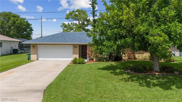 view of front of property with stucco siding, driveway, roof with shingles, a front yard, and a garage