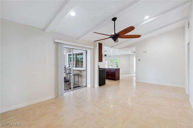 unfurnished room with recessed lighting, vaulted ceiling with beams, and baseboards