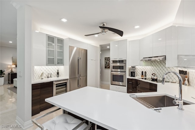 kitchen with backsplash, ceiling fan, stainless steel appliances, and sink