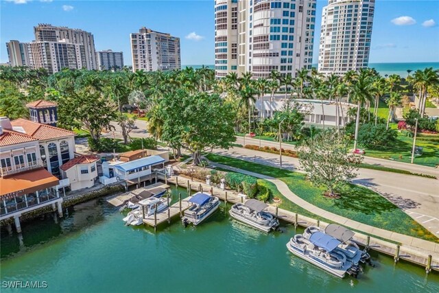 aerial view featuring a water view