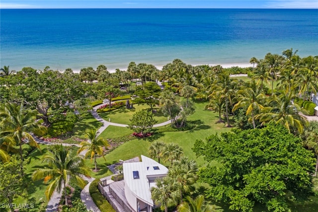 bird's eye view with a water view and a beach view